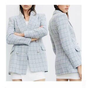 XS - Zara Tweed Blue & White Textured Double Breasted‎ Blazer Jacket